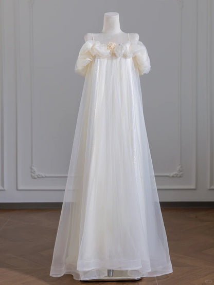 Ethereal Tulle Layered A-Line Floral Accent Spaghetti Strap Ruffles Trimmed Wedding Dress AP2246