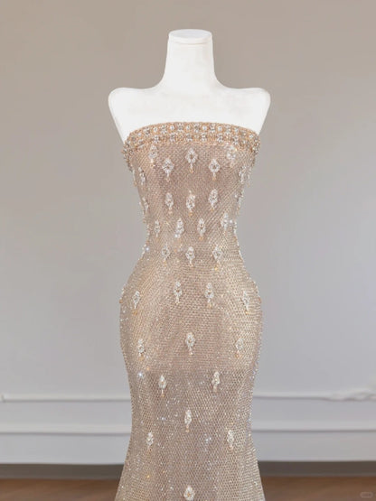 Fashionable Shimmering Crystals Mermaid Hem Strapless Beaded Prom Dress AP2248