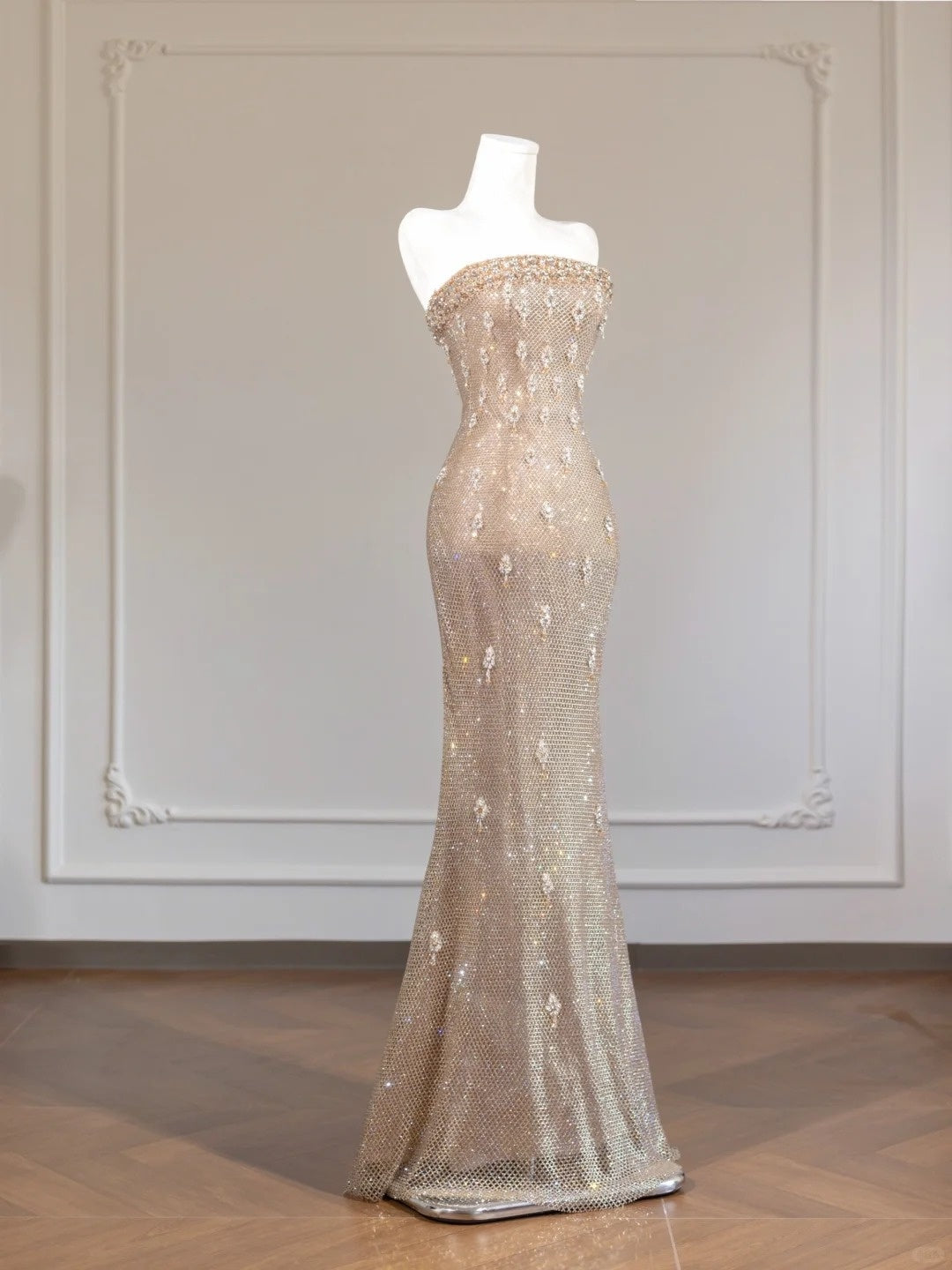 Fashionable Shimmering Crystals Mermaid Hem Strapless Beaded Prom Dress AP2248