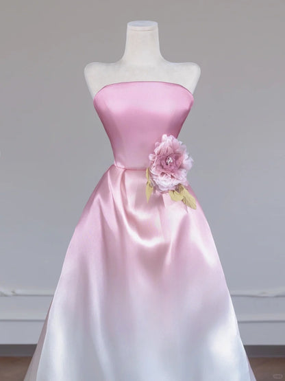 Romantic Pink & White Gradient A-Line Beaded Handmade Flower Strapless Prom Dress AP2249