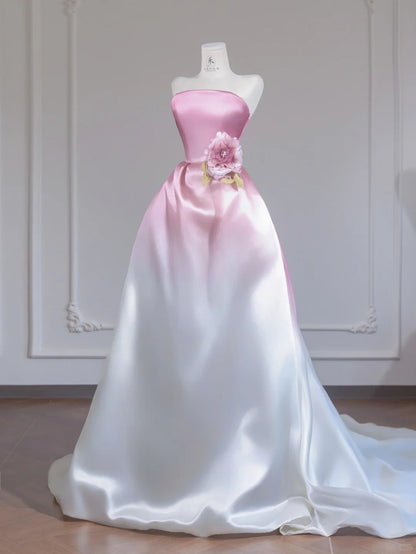 Romantic Pink & White Gradient A-Line Beaded Handmade Flower Strapless Prom Dress AP2249