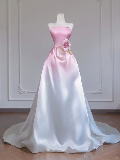 Romantic Pink & White Gradient A-Line Beaded Handmade Flower Strapless Prom Dress AP2249