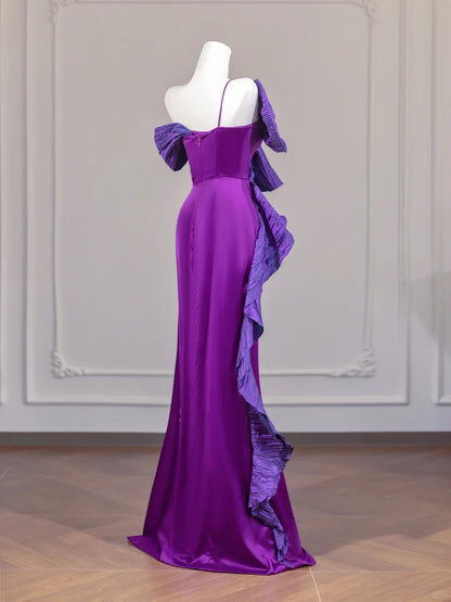 Alluring Purple Satin Big Bow Ruffles Trim Sheath One-Shoulder Prom Dress AP2250