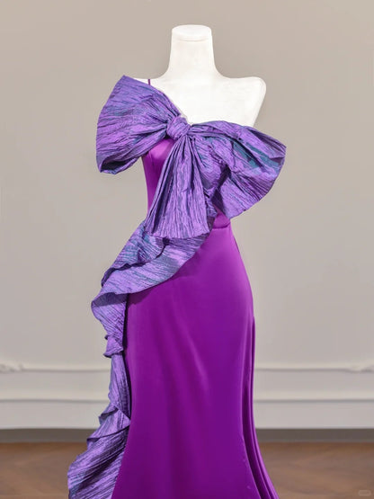 Alluring Purple Satin Big Bow Ruffles Trim Sheath One-Shoulder Prom Dress AP2250