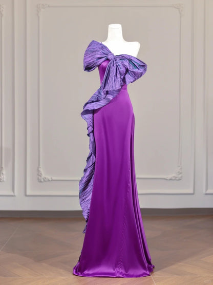 Alluring Purple Satin Big Bow Ruffles Trim Sheath One-Shoulder Prom Dress AP2250