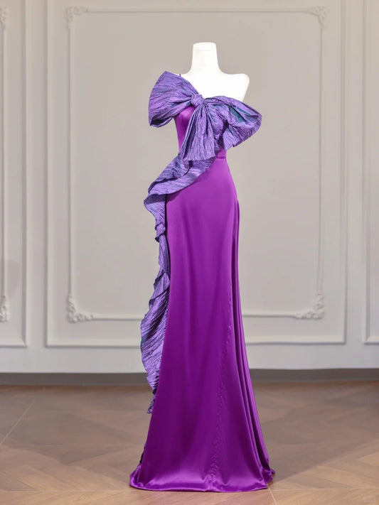 Alluring Purple Satin Big Bow Ruffles Trim Sheath One-Shoulder Prom Dress AP2250