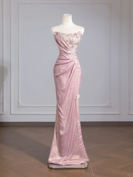 Vogue Shimmering Sequins Mermaid Applique Strapless Beaded Draped Prom Dress AP2251