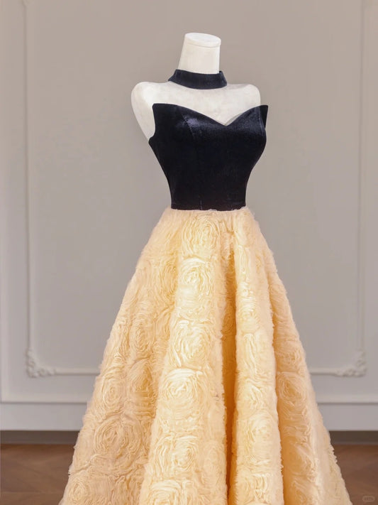 Graceful Strapless Black Bodice A-Line Yellow Textured Flowers Hem Prom Dress AP2253