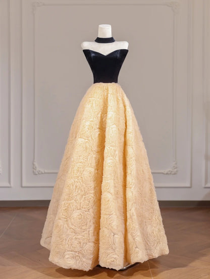 Graceful Strapless Black Bodice A-Line Yellow Textured Flowers Hem Prom Dress AP2253