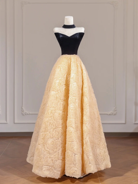 Graceful Strapless Black Bodice A-Line Yellow Textured Flowers Hem Prom Dress AP2253