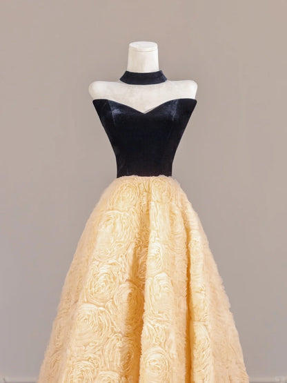 Graceful Strapless Black Bodice A-Line Yellow Textured Flowers Hem Prom Dress AP2253