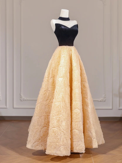 Graceful Strapless Black Bodice A-Line Yellow Textured Flowers Hem Prom Dress AP2253