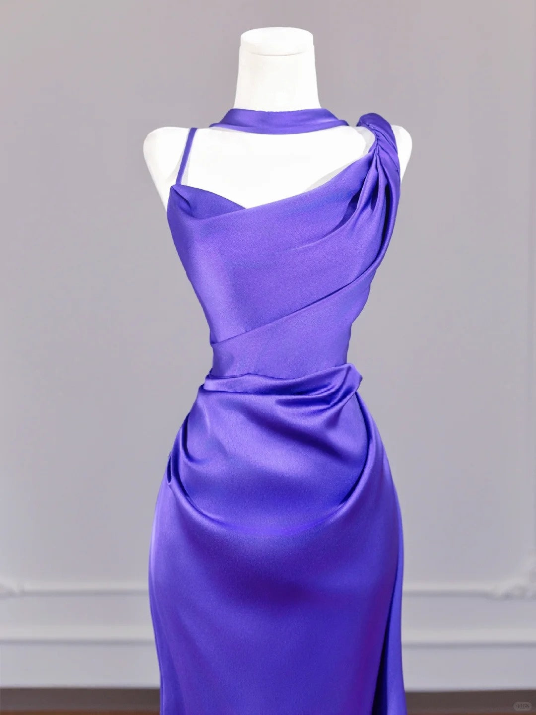 Charming Spaghetti Strap Purple Backless Minimalist Ruched Sheath Prom Dress AP2254