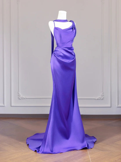 Charming Spaghetti Strap Purple Backless Minimalist Ruched Sheath Prom Dress AP2254