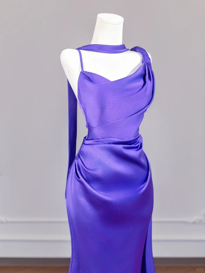 Charming Spaghetti Strap Purple Backless Minimalist Ruched Sheath Prom Dress AP2254