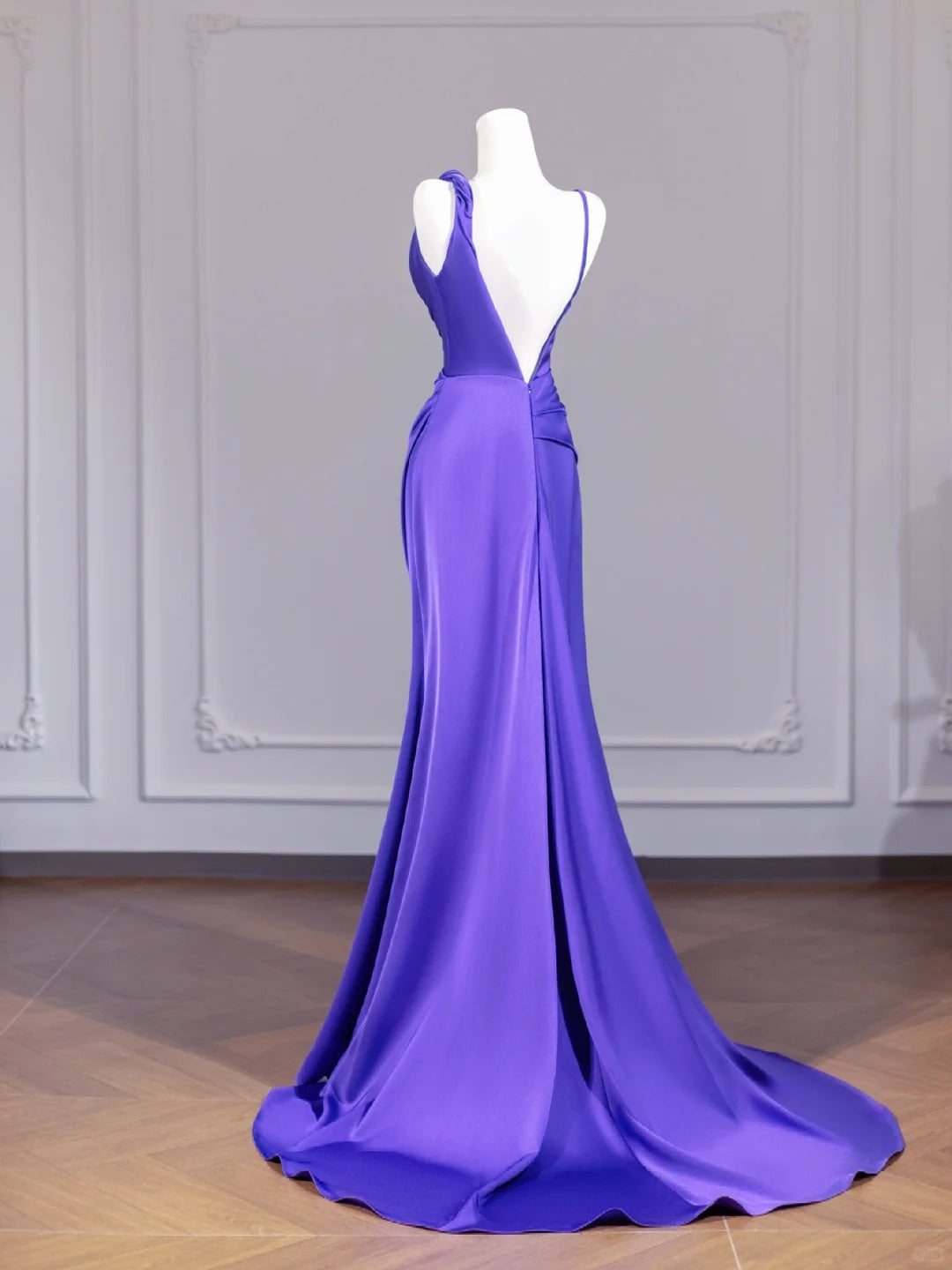 Charming Spaghetti Strap Purple Backless Minimalist Ruched Sheath Prom Dress AP2254