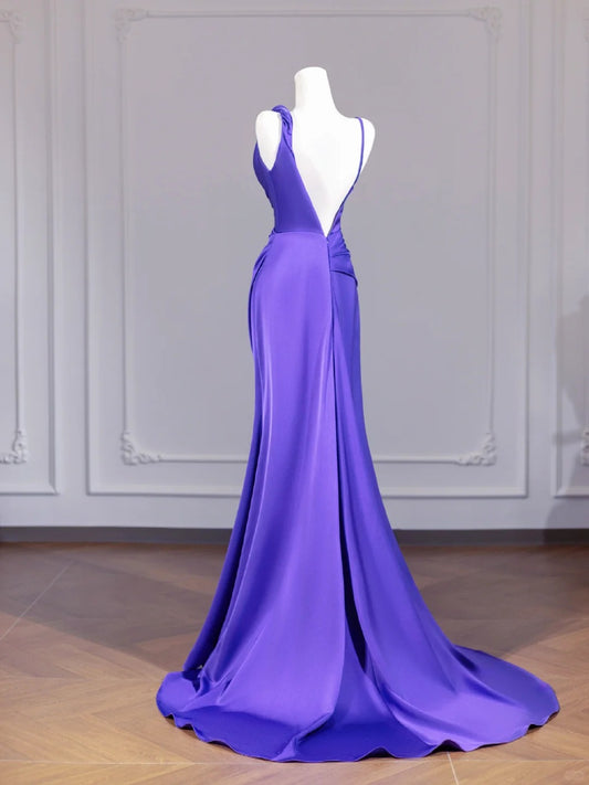 Charming Spaghetti Strap Purple Backless Minimalist Ruched Sheath Prom Dress AP2254