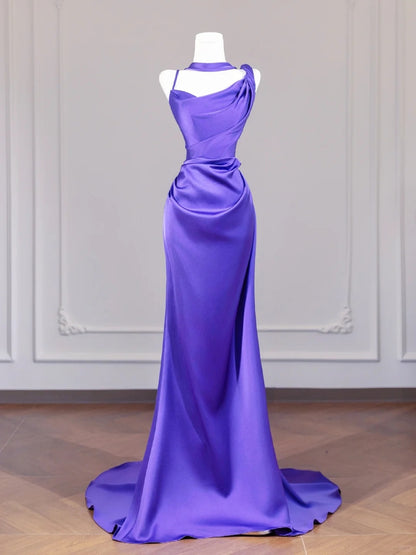 Charming Spaghetti Strap Purple Backless Minimalist Ruched Sheath Prom Dress AP2254