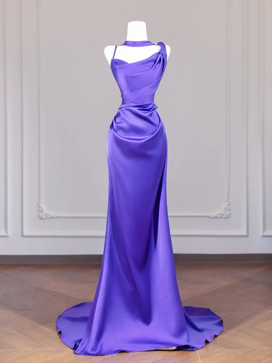 Charming Spaghetti Strap Purple Backless Minimalist Ruched Sheath Prom Dress AP2254