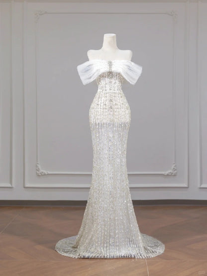 Gorgeous Mesh Off-Shoulder Beading Mermaid Glittering Crystals Prom Dress AP2256
