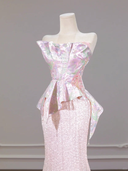 Dreamy Pink Mermaid Floral Print Satin Strapless Lace-Up Back Glittering Hem Prom Dress AP2257