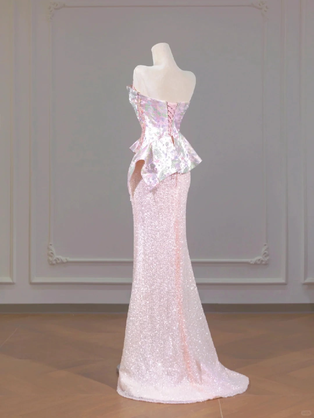 Dreamy Pink Mermaid Floral Print Satin Strapless Lace-Up Back Glittering Hem Prom Dress AP2257