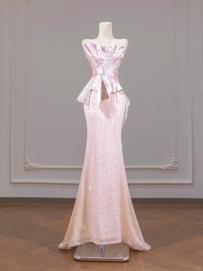 Dreamy Pink Mermaid Floral Print Satin Strapless Lace-Up Back Glittering Hem Prom Dress AP2257