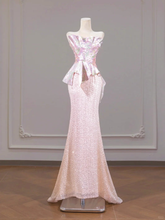 Dreamy Pink Mermaid Floral Print Satin Strapless Lace-Up Back Glittering Hem Prom Dress AP2257