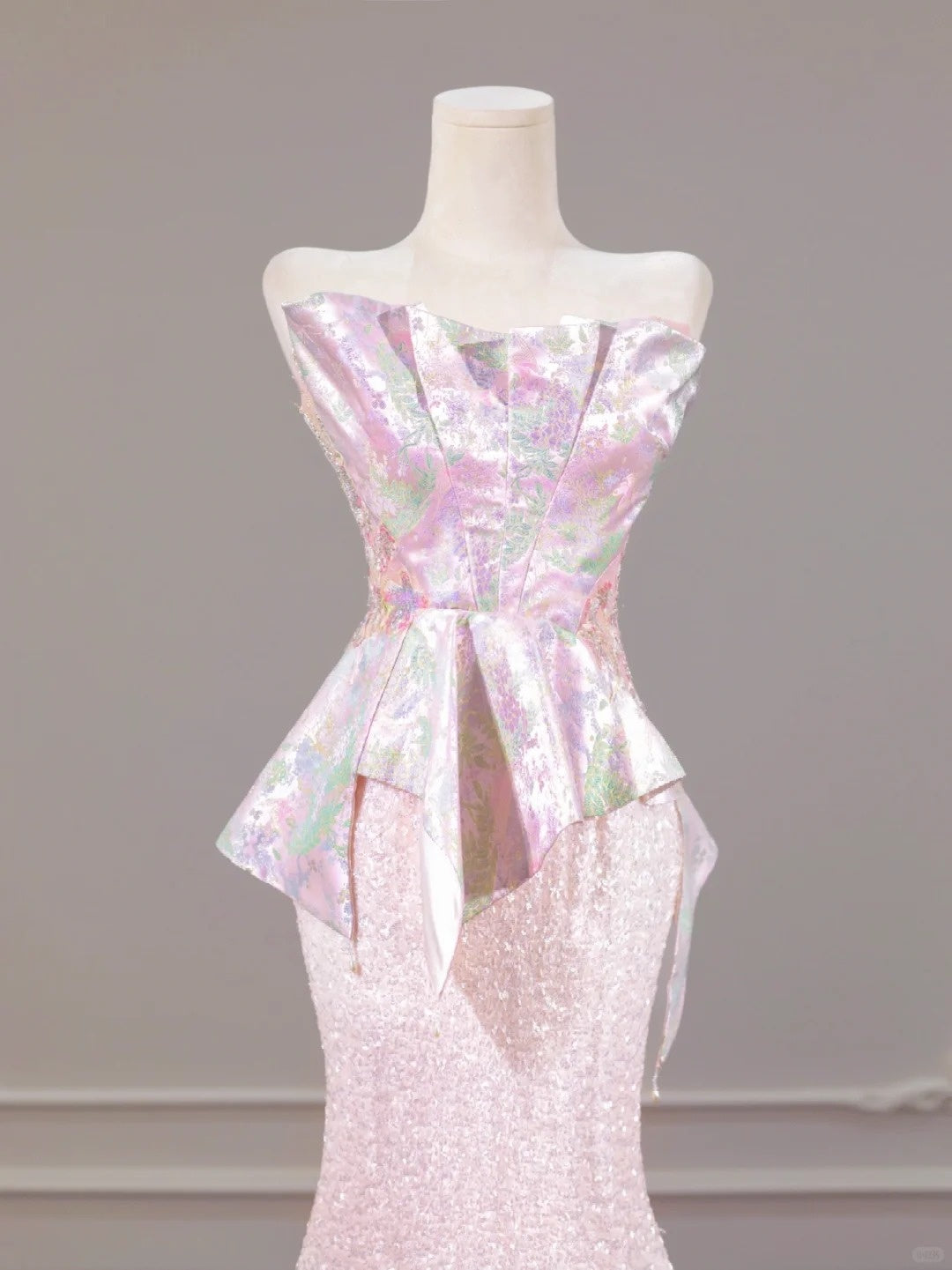 Dreamy Pink Mermaid Floral Print Satin Strapless Lace-Up Back Glittering Hem Prom Dress AP2257