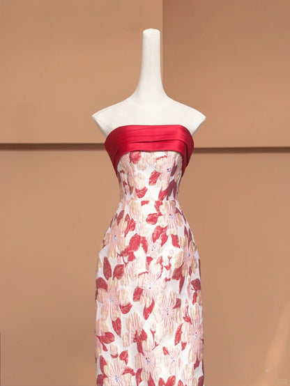 Graceful Strapless Sheath Formal Dresses Sequins Floral Long Prom Dress AP2258