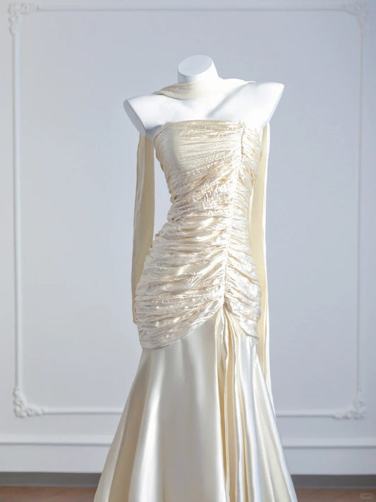 Glamorous Strapless Ruched Bodice Shimmering Fabric Mermaid Hem Wedding Dress AP2259