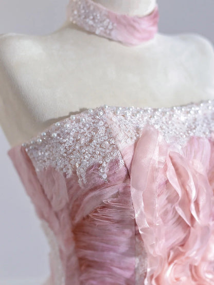 Cute Textured Ruffled Floral Beading A-Line Sweet 16 Outfit Sparkling Sequins Strapless Prom Dress AP2260