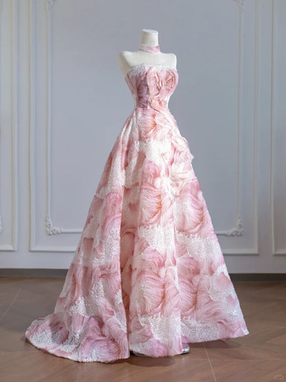 Cute Textured Ruffled Floral Beading A-Line Sweet 16 Outfit Sparkling Sequins Strapless Prom Dress AP2260