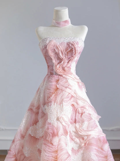 Cute Textured Ruffled Floral Beading A-Line Sweet 16 Outfit Sparkling Sequins Strapless Prom Dress AP2260