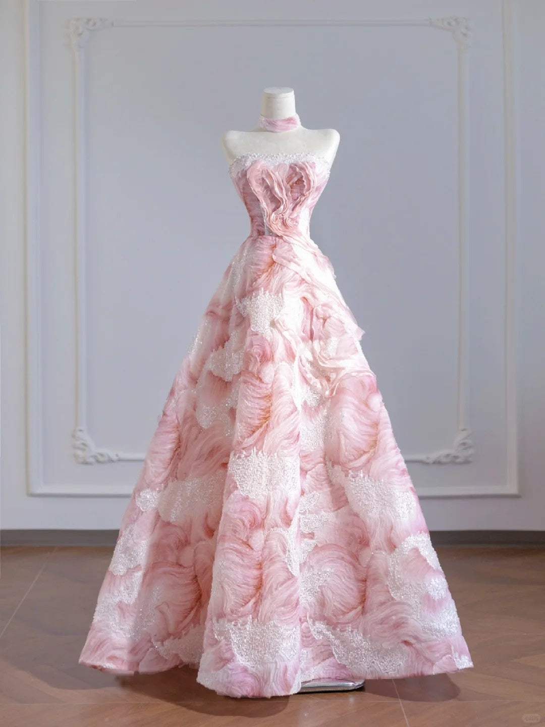 Cute Textured Ruffled Floral Beading A-Line Sweet 16 Outfit Sparkling Sequins Strapless Prom Dress AP2260