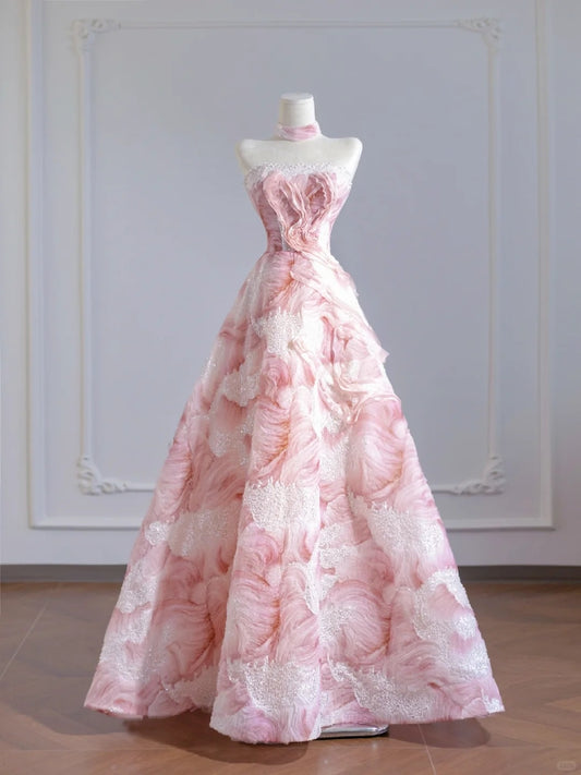 Cute Textured Ruffled Floral Beading A-Line Sweet 16 Outfit Sparkling Sequins Strapless Prom Dress AP2260