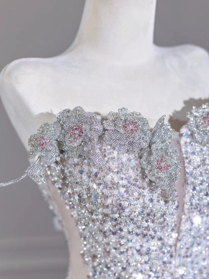Exquisite Metallic Floral Crystals Strapless Beading Sparkling Sequins A-Line Prom Dress AP2262