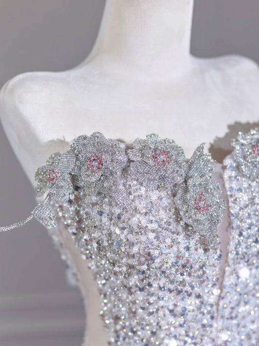 Exquisite Metallic Floral Crystals Strapless Beading Sparkling Sequins A-Line Prom Dress AP2262