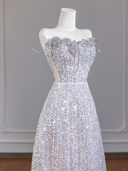 Exquisite Metallic Floral Crystals Strapless Beading Sparkling Sequins A-Line Prom Dress AP2262