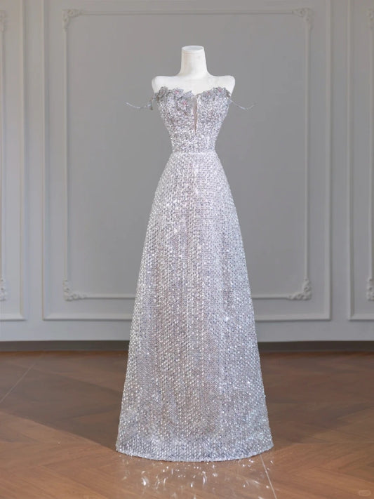 Exquisite Metallic Floral Crystals Strapless Beading Sparkling Sequins A-Line Prom Dress AP2262