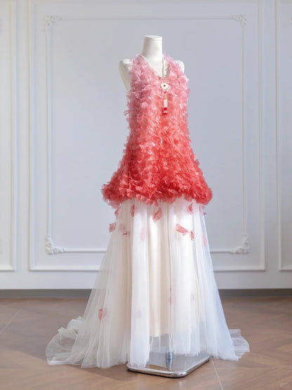 Vibrant Gradient Red 3D Floral V-Neck Petal Design Layered Tulle A-Line Prom Dress AP2263