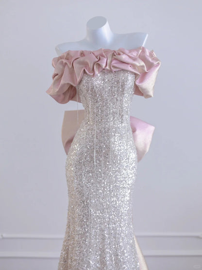 Charming Bow Design Ruffled Off-Shoulder Mermaid Beading Tassel Sparkling Sequins Prom Dress AP2264