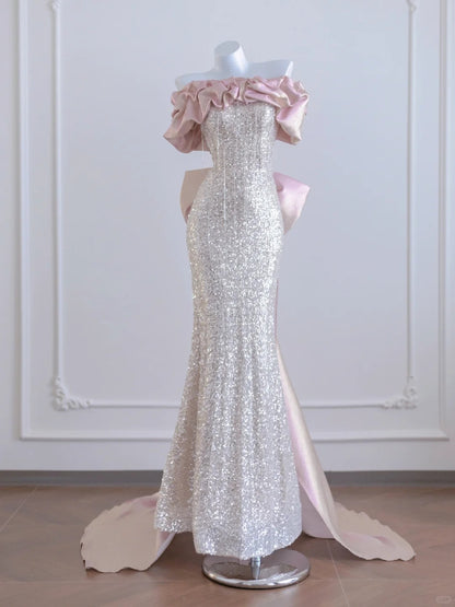 Charming Bow Design Ruffled Off-Shoulder Mermaid Beading Tassel Sparkling Sequins Prom Dress AP2264