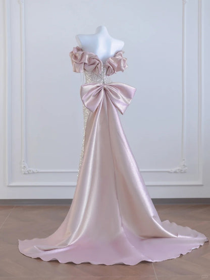 Charming Bow Design Ruffled Off-Shoulder Mermaid Beading Tassel Sparkling Sequins Prom Dress AP2264