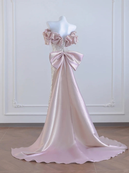 Charming Bow Design Ruffled Off-Shoulder Mermaid Beading Tassel Sparkling Sequins Prom Dress AP2264