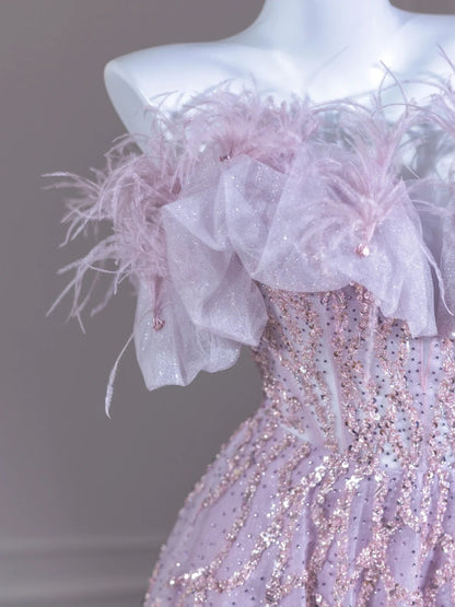 Romantic Beading A-Line Tulle Hem Feather Trim Off-Shoulder Shining Sequins Prom Dress AP2265