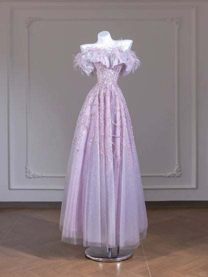 Romantic Beading A-Line Tulle Hem Feather Trim Off-Shoulder Shining Sequins Prom Dress AP2265