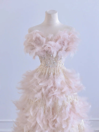 Charming Feather Trimmed Crystal Design A-Line Sparkly Sequins Strapless Prom Dress AP2266