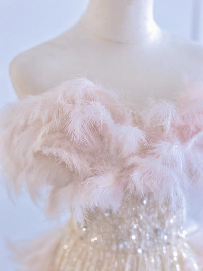 Charming Feather Trimmed Crystal Design A-Line Sparkly Sequins Strapless Prom Dress AP2266