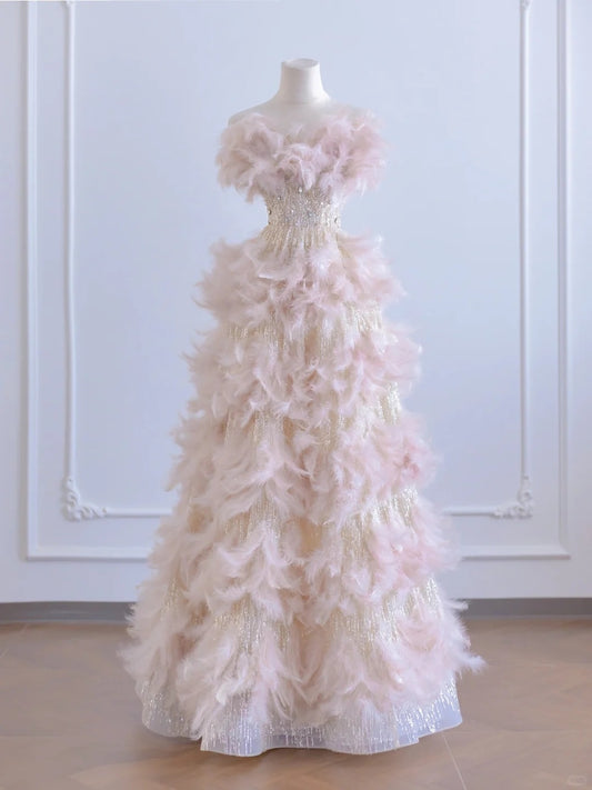 Charming Feather Trimmed Crystal Design A-Line Sparkly Sequins Strapless Prom Dress AP2266